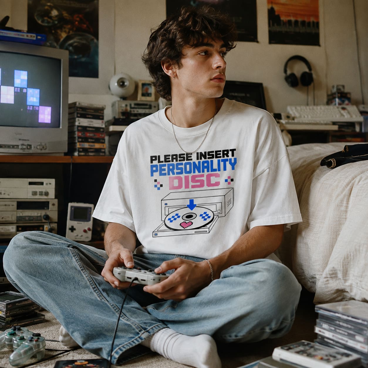 Boy playing a wired video game in a retro tech bedroom while wearing a gaming graphic T-shirt - Outfit On Tour