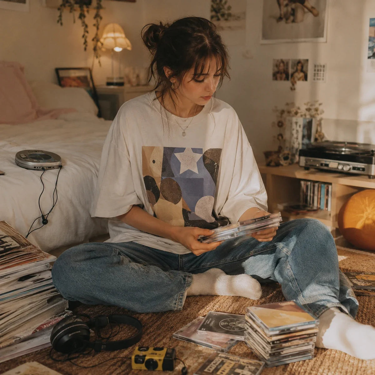 Girl sitting among CDs and vintage media while wearing an oversized retro graphic T-shirt - Outfit On Tour