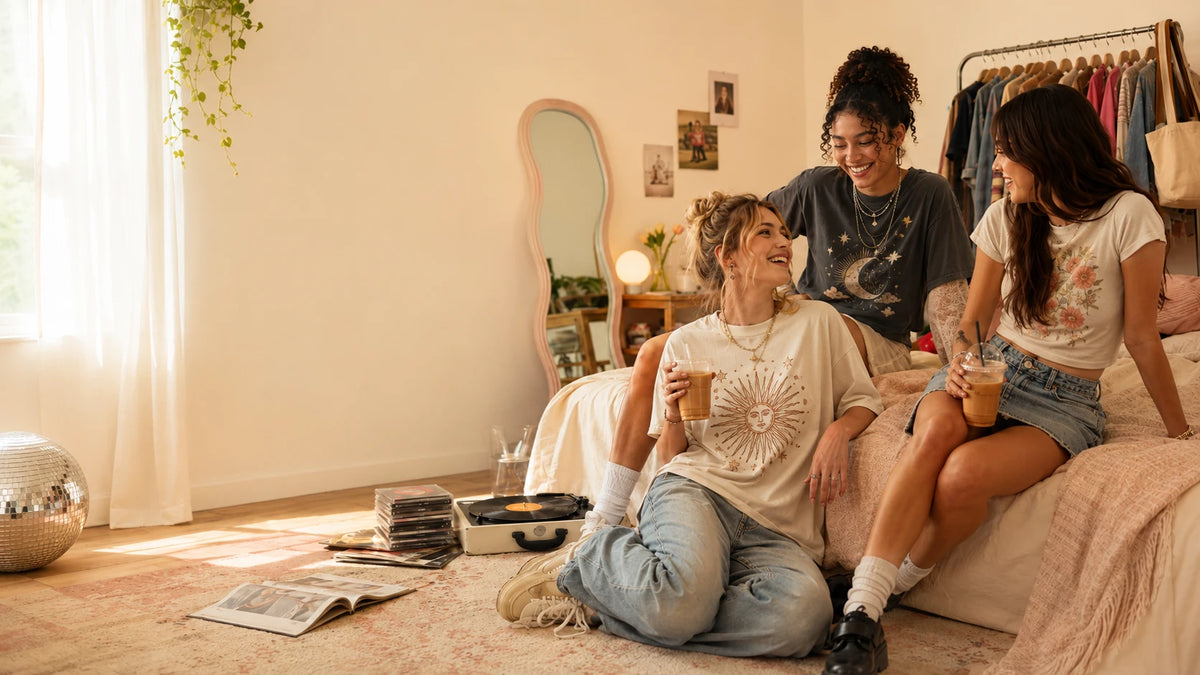 Friends wearing nostalgic graphic T-shirts in a warm bedroom with records and a turntable