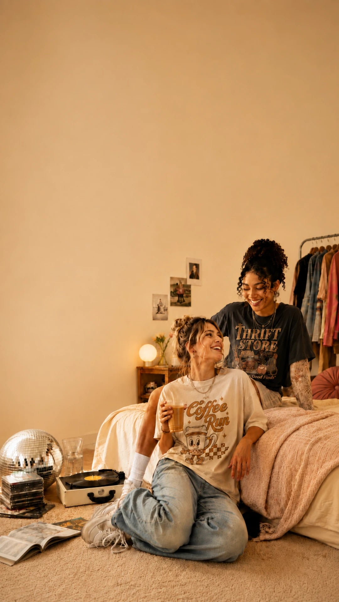 Two women in a cozy, warmly lit bedroom setting. One woman sits on the floor wearing a cream graphic t-shirt and light blue jeans, holding a mug.