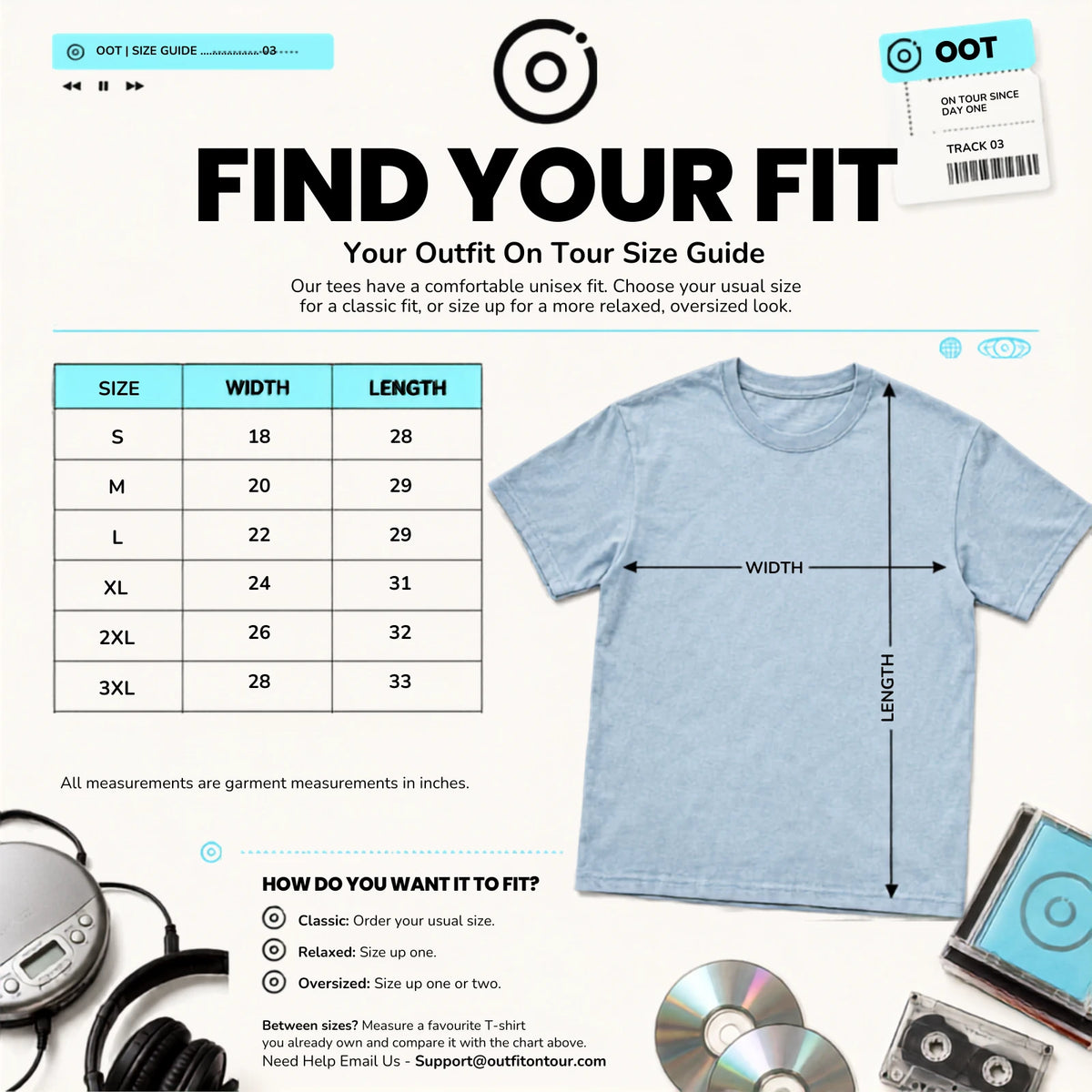 Outfit On Tour T-Shirt Size Guide